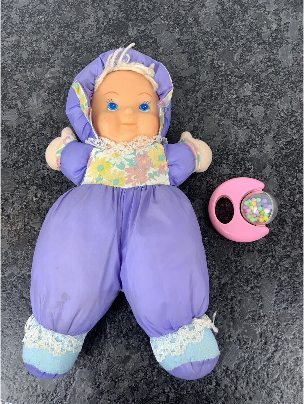 Vintage DeLuxe Mfg Nylon Baby Doll Soft Body Plush Vinyl Face Purple First Baby